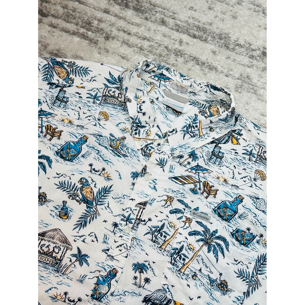 Columbia Button Down Shirt Mens 2XT White‎ Blue Tropical Beach Parrot Hawaiian